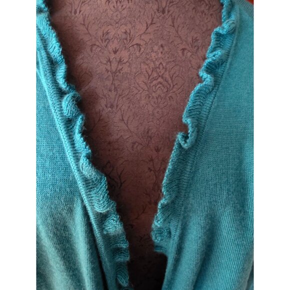 Coldwater Creek Womens Ruffled 2X Cardigan Sweater Turquoise Wool Blend - Picture 3 of 8